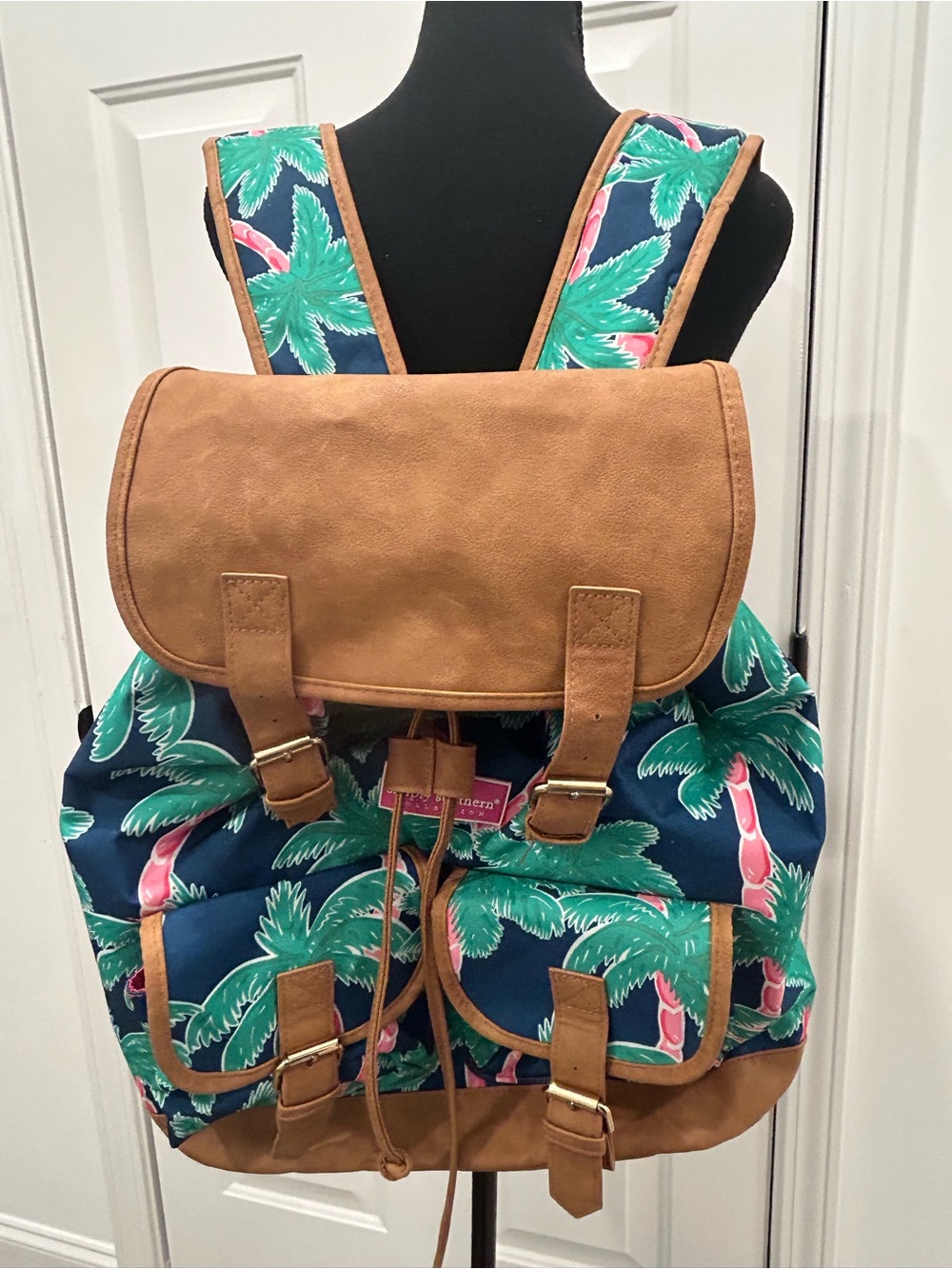 Simply Southern Collection Palm Tree Backpack Navy Pink Tropical Print